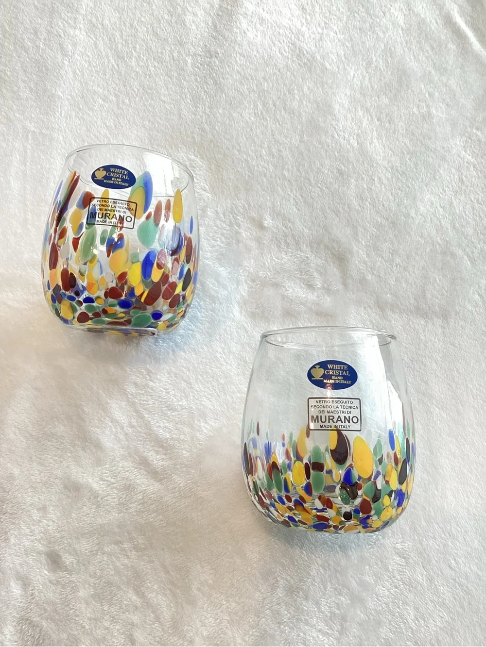 🇮🇹Murano Crystal Stemless Wine Glasses Set of 2 New Colorful Confetti Hand Made